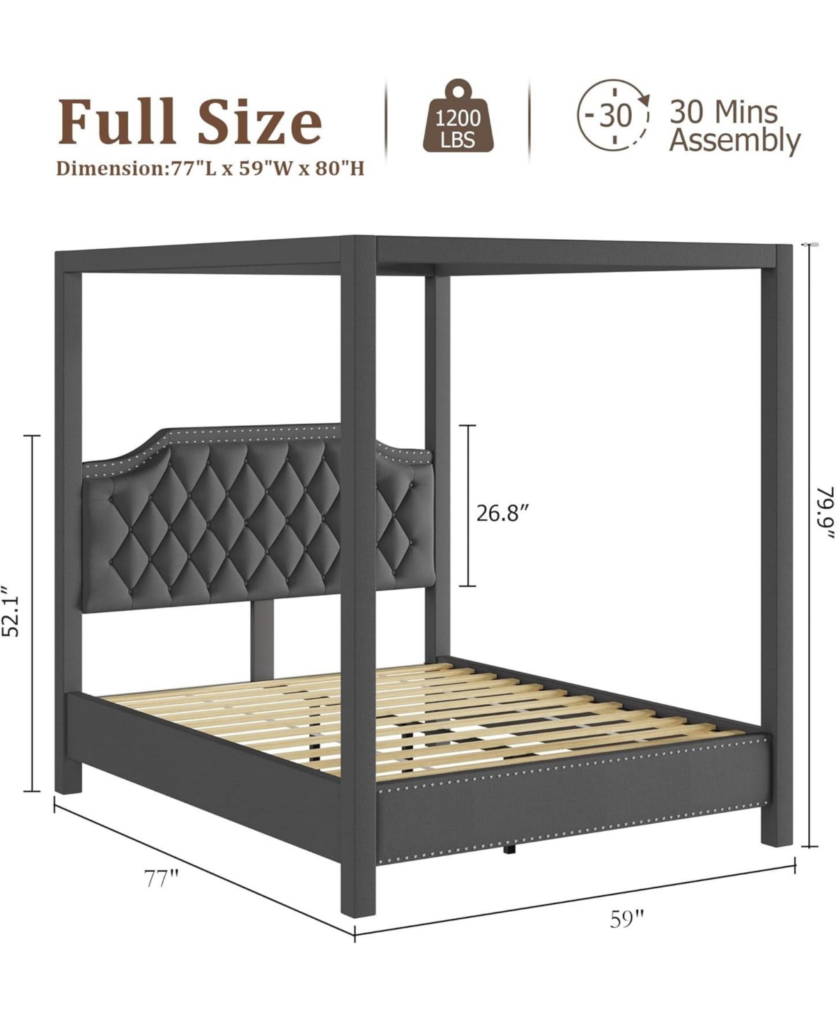 gaomon Canopy Bed Frame Nailhead Headboard Upholstered 4 Pole Bracket Wood Slats No Box Spring