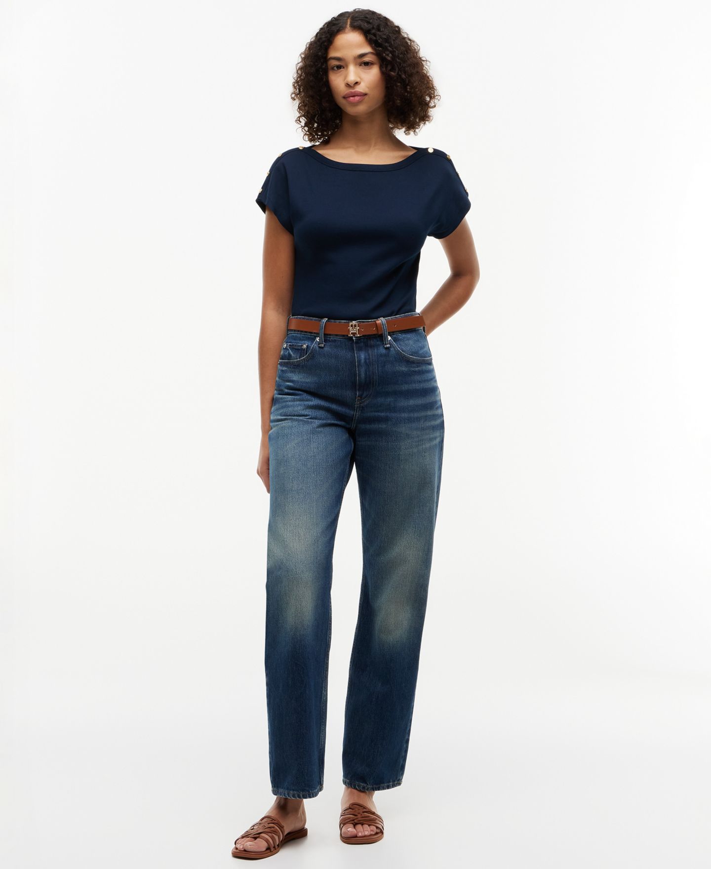Женская футболка Tommy Hilfiger Cap-Sleeve Boat Neck, цвет: Тёмный ночной тёмно-синий — фото 2