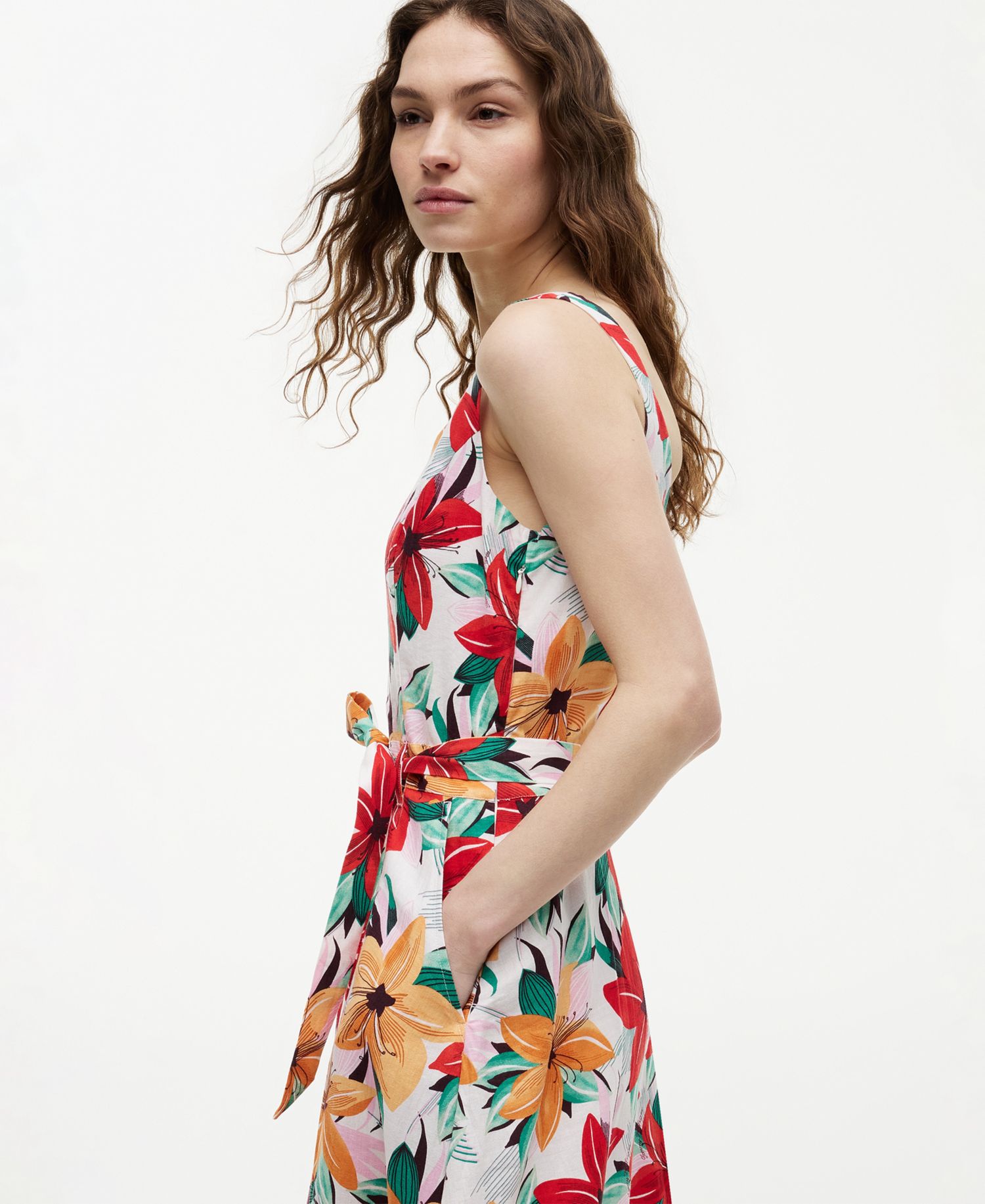 Women's Printed Belted Midi Dress
