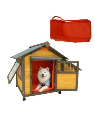 50" Solid Wood Dog House, Indoor and Outdoor Pet Shelter with Removable Thermal Curtain for Small or Medium Dogs