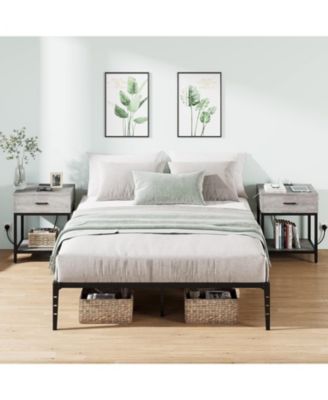 3 Pieces Bedroom Furniture Set Full Metal Platform Bed Frame with Night Stand Set 2 Bed Frame with Storage and Steel Slat Support Nightstand