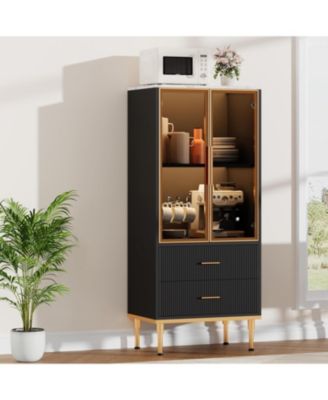 Freestanding Kitchen Storage Cabinet Glass Door 2 Drawers Modern Pantry Cupboard with Shelves for Living Room Office.