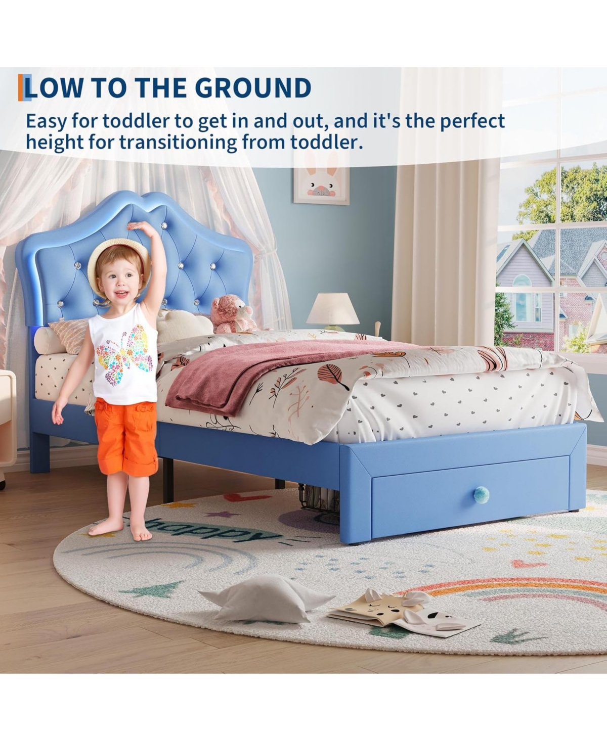 gaomon Twin Bed Frame with Led Lights Velvet Crystal Button Headboard Storage Drawer No Box Spring