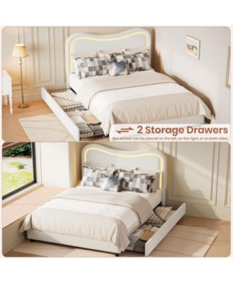 Platform Bed with LED Headboard, 2 Storage Drawers, Upholstered, Sturdy Wood Slats, Noise-Free