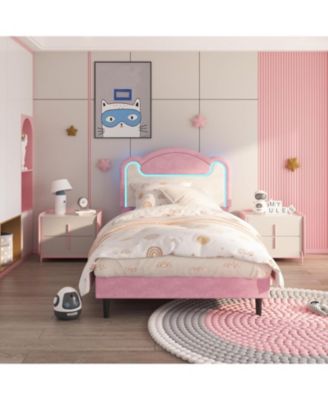Upholstered Platform Bed with LED and Fabric Headboard, Princess Style, Pink White, Wood Slats