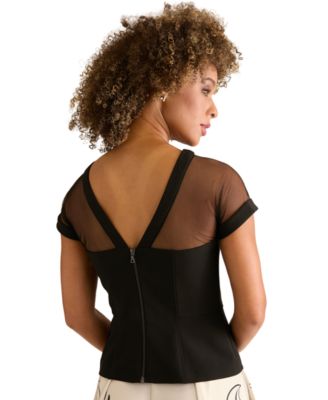 Women's Illusion Mesh Yoke and Sleeve Crewneck Top