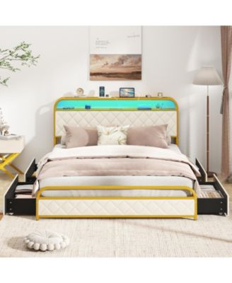 Platform Bed Frame with LED Lights and Charging Station