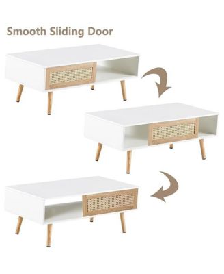 Rattan Coffee Table, Rectangle Wooden Center Tables with Sliding Door and Solid Wood Legs for Living Room, Home Office