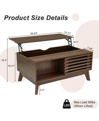 Lift Top Coffee Table with Storage, Mid Century Modern Center Table with Sliding Slatted Door and Hidden Compartment for Living Room