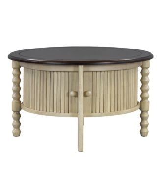 Vintage Round Coffee Table, Fluted Center Table with Sliding Door, Slatted Design for Living Room, Small Space