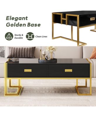 Rectangular Coffee Table, Modern 47.4" Center Table with 4 Drawers and Gold Metal Base for Living Room, Home Office