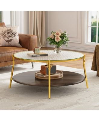 Modern Round Walnut 2-Tiered Coffee Table - Glass Top, Gold Base, Center Table for Living Room