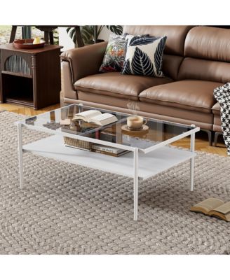 Rectangle 2 Tier Coffee Table, Center Table with Gray Tempered Glass Top and Wood Storage Shelf for Living Room, Small Space