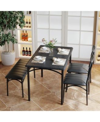 5 Piece Dining Set for 4, Rectangular Metal Frame Table with Bench & Upholstered Chairs, Space Saving Dining Set