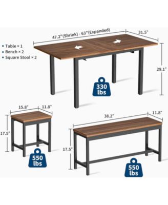 63" Extendable Dining Table Set, Includes 2 Benches & 2 Stools, Modern Table for 8, Easy Assembly