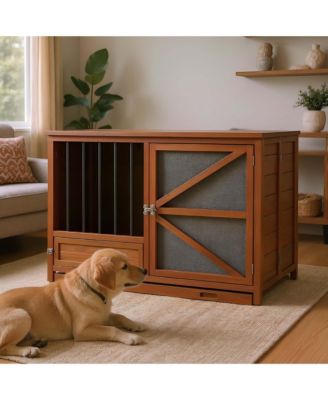  43" Solid Wood Dog Crate Furniture End Table with Rotating Feeder and Removable Tray