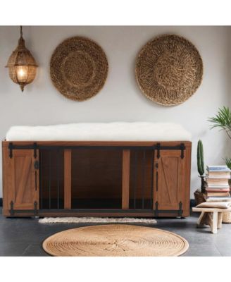 56" Walnut 2-in-1 Dog Crate Furniture with Padded Seat and Sliding Barn Door