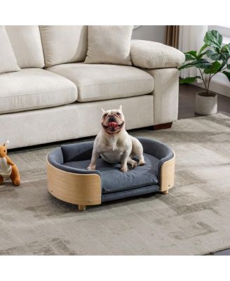Mid-Century Wooden Pet Bed with Light Velvet Cushion