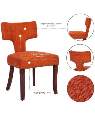Modern Wooden Dining Chairs Set of 2 - Linen Upholstered Kitchen Chairs with Curved Backrest, Copper Nails for Dining Room