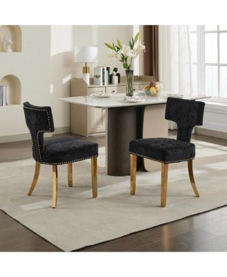 Dining Chairs Set of 2 - Chenille Fabric Upholstered Kitchen Chairs with Curved Backrest, Golden Stainless Steel Legs for Dining Room