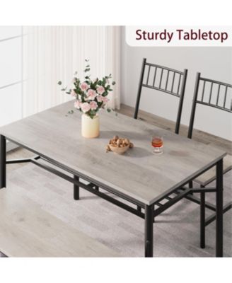 Farmhouse Dining Table Set for 4, Modern Rectangular Table, 2 Upholstered Chairs, Storage Benches & Rack