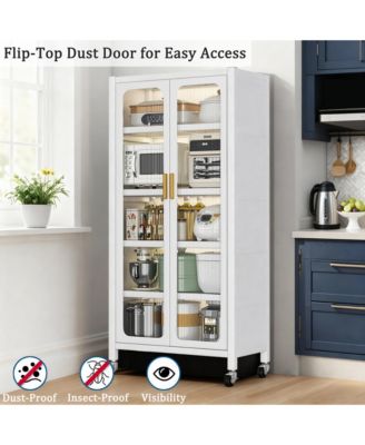 5 Tier Metal Display Storage Cabinet with Transparent Door, Adjustable Shelves and Wheels, Food Pantries Cabinets for Kitchen, Dining Room