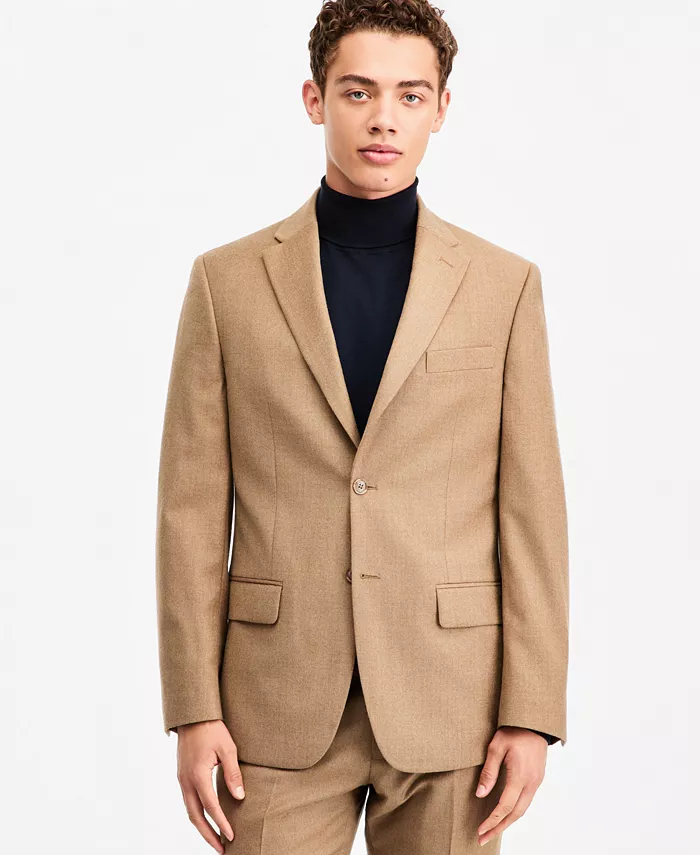 Men's Modern-Fit Wool Tan Flannel Suit Separate Jacket
