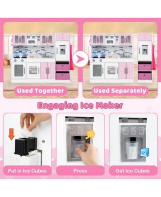 2 Piece Wooden Kids Play Kitchen Set with Refrigerator Sink Stove and Realistic Lights and Sounds