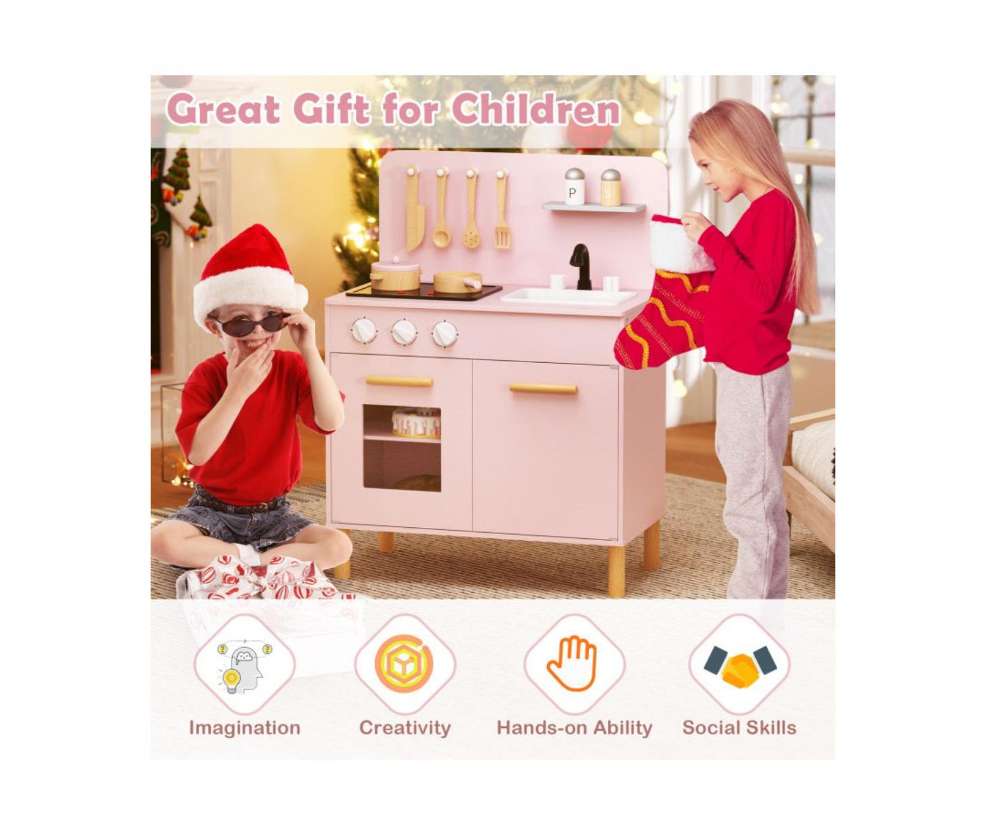 Детский игровой набор HONGGE Kids Kitchen Playset With Lights and Sounds, от 3 лет, цвет: Розовый — фото 9
