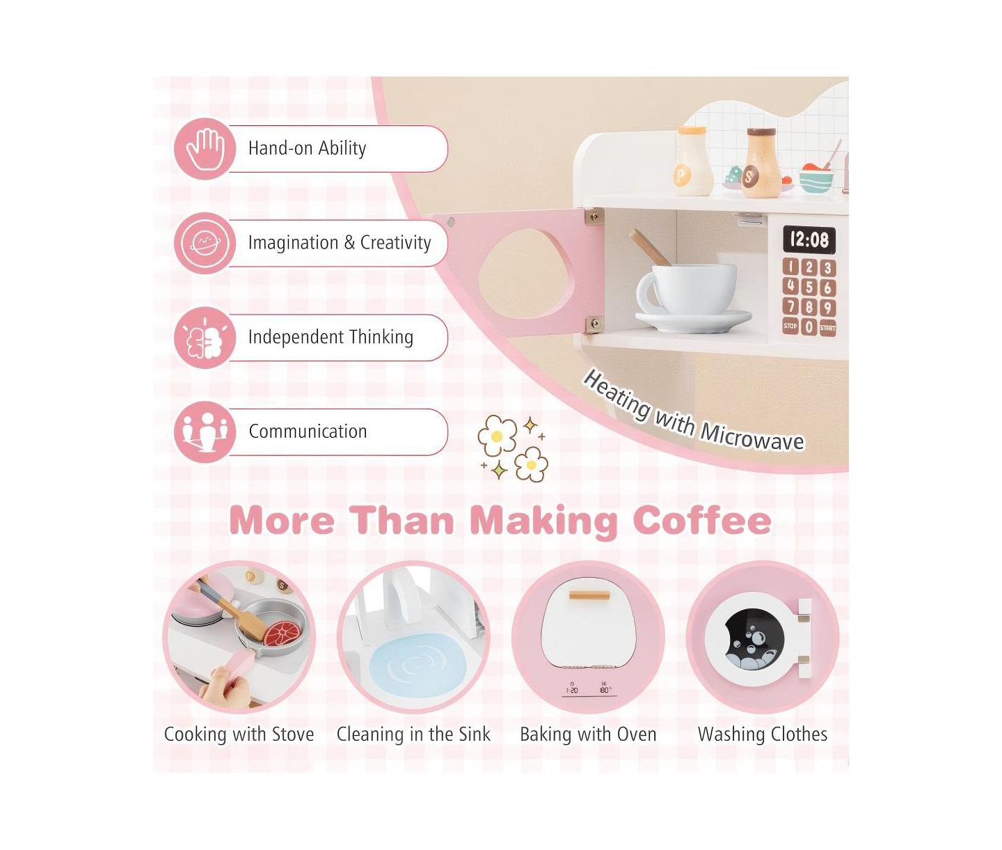 Детский игровой набор HONGGE Coffee Maker Wooden Kitchen Playset, Ages 3+, цвет: Розовый — фото 7
