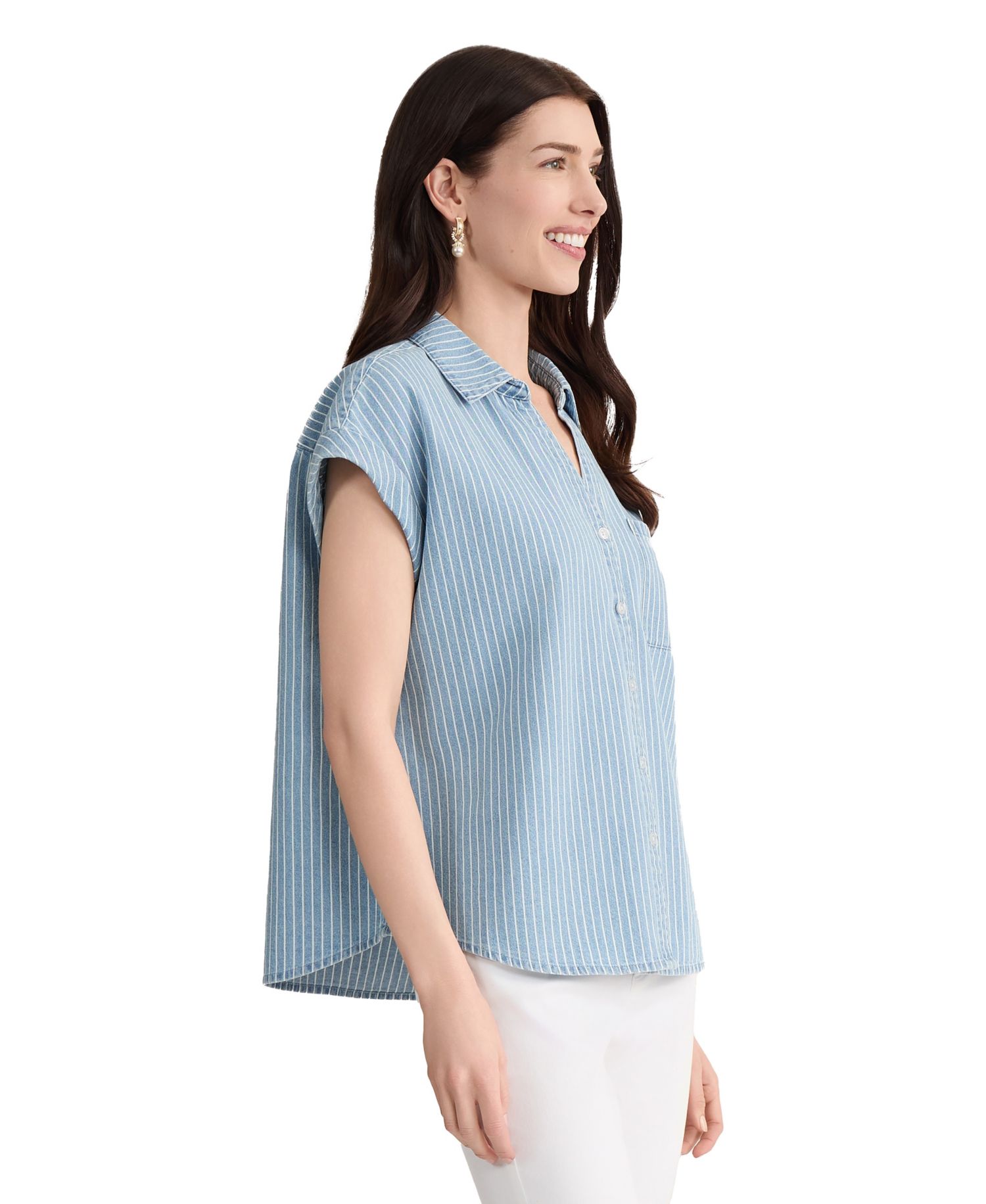 Petite Button-Front Collared Neck Top