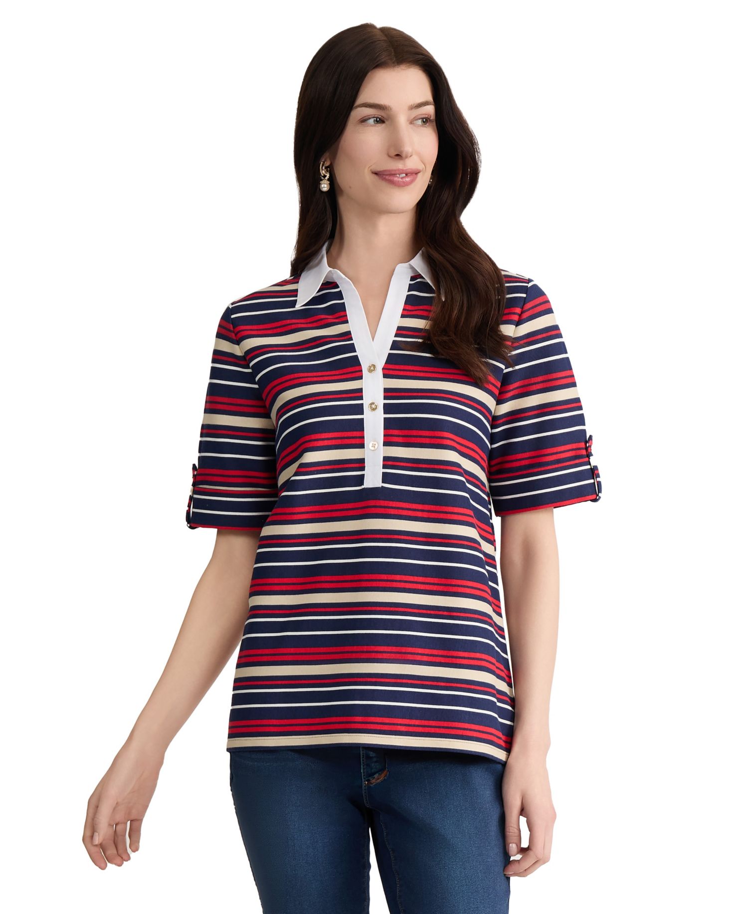 Petite Cuffed Elbow Sleeve Striped Polo