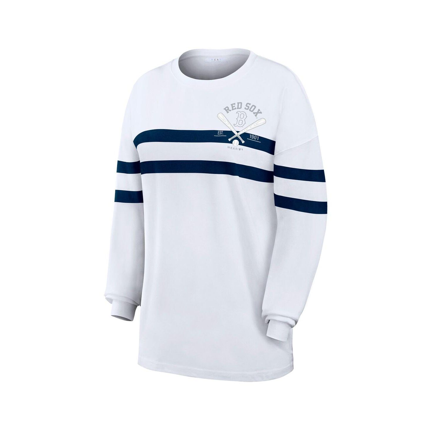 Women's White Boston Red Sox Oversized Long Sleeve Striped T-Shirt