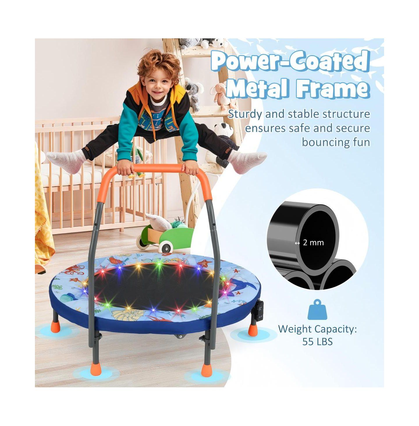 Детская игрушка HONGGE 36" x 36" x 32" LED Light Foldable Trampoline with Safety Cover, Ages 3-8, цвет: Синий — фото 8