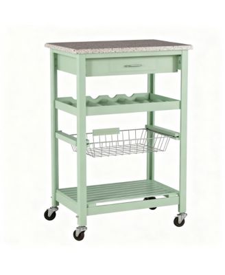 Granite top pine kitchen storage cart with casters and drawers