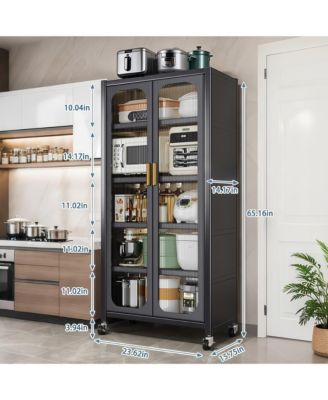 5 Tier Metal Display Storage Cabinet with Transparent Door, Adjustable Shelves and Wheels, Food Pantries Cabinets for Kitchen