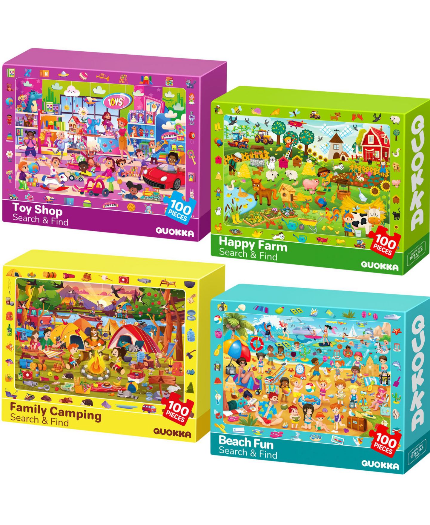 Детские игрушки Quokka Search and Find Puzzles, 100 Piece, 4-Piece Set, Ages 4+, цвет: Farm Fun Step Camping — фото 1