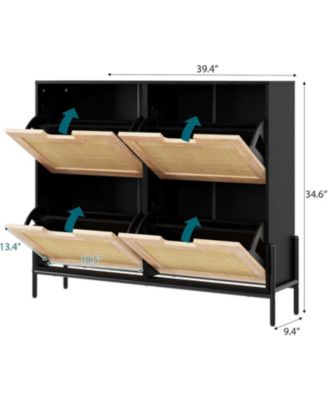 Narrow Shoe Cabinet with 4 Flip Down Doors Rattan Organizer Freestanding Shoe Rack Adjustable Shelf