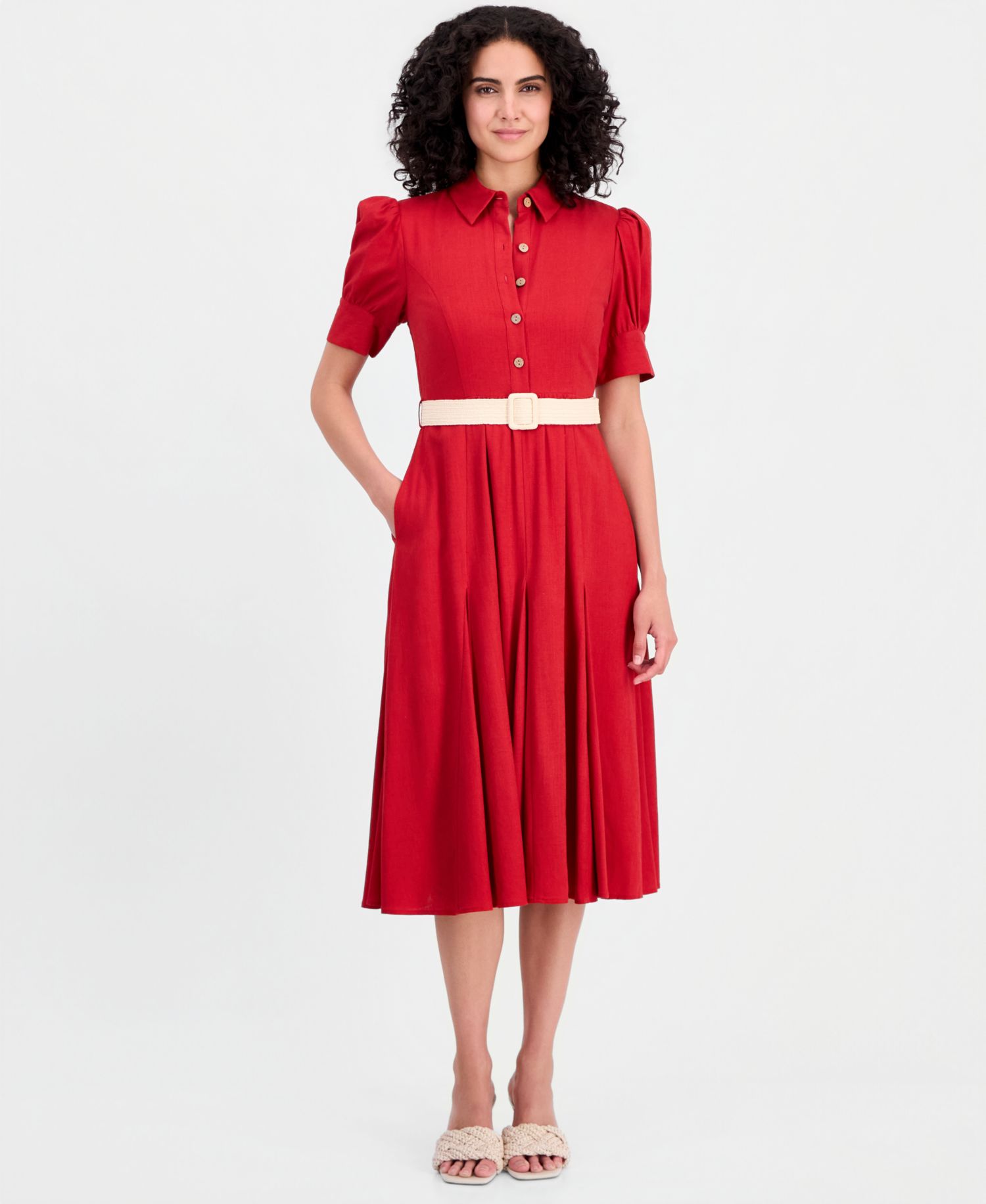 Women's Short-Sleeve Belted Linen Blend Dress