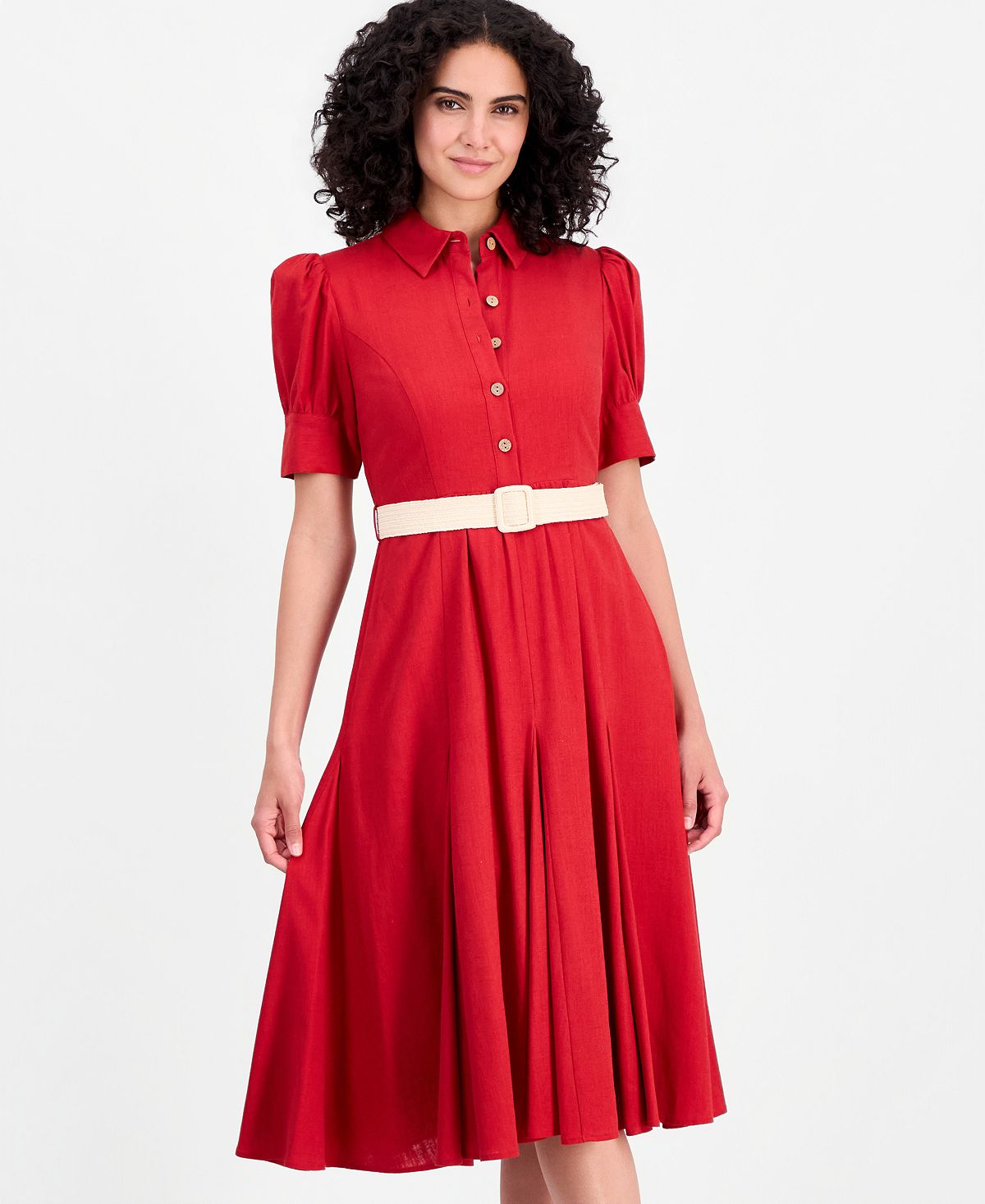 Tahari ASL Women's Short-Sleeve Belted Linen Blend Dress view 2 — MAYCSS fashion products