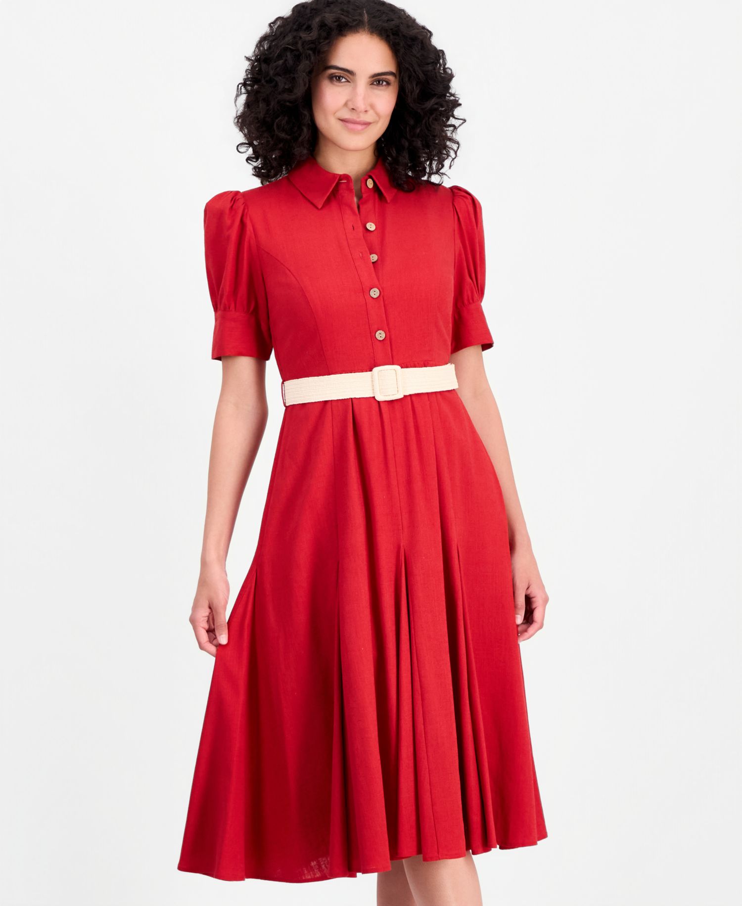 Women's Short-Sleeve Belted Linen Blend Dress