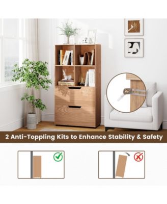 Tall Freestanding Bookcase with Drawers and Open Shelves