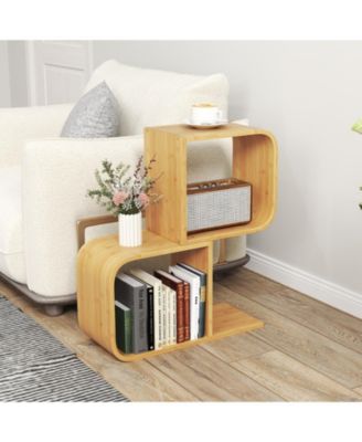 2-Tier S-Shaped Bamboo Bookcase with 2 Open Cubes for Living Room