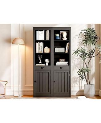 Narrow Bookcase with Drawer, 71" Tall, 3-Tier Shelves and Door, Wooden Storage Cabinet for Living Room, Office, Bedroom