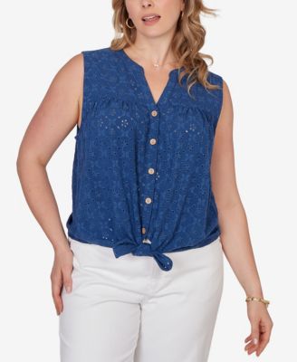 Plus Size Tie-Front Eyelet Sleeveless Top