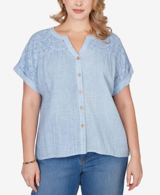 Plus Size Paisley Embroidered Gauze Button T-Shirt