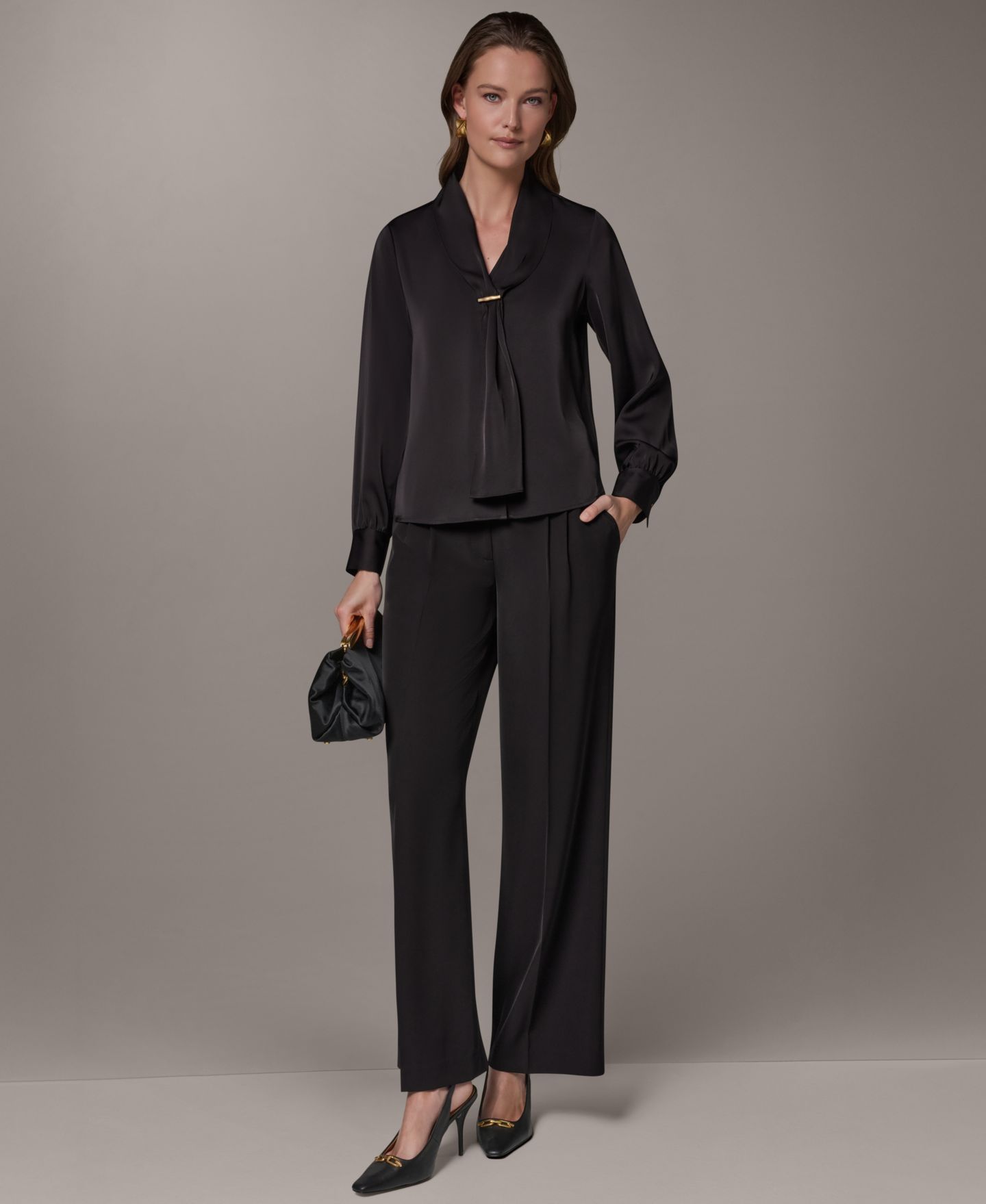 Женский топ Donna Karan New York с длинным рукавом и V-образным вырезом, для невысоких, цвет: Чёрный — фото 2