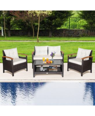 4PCS Patio Conversation Set Rattan Sofa Furniture Set w/ Off Cushions