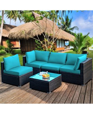 5PCS Rattan Patio Conversation Set Sofa Furniture Set w/ Cushions