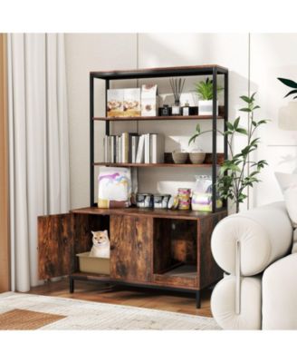 57'' Cat Litter Box Enclosure w/ Storage 2-tier Shelves Removable Scratcher